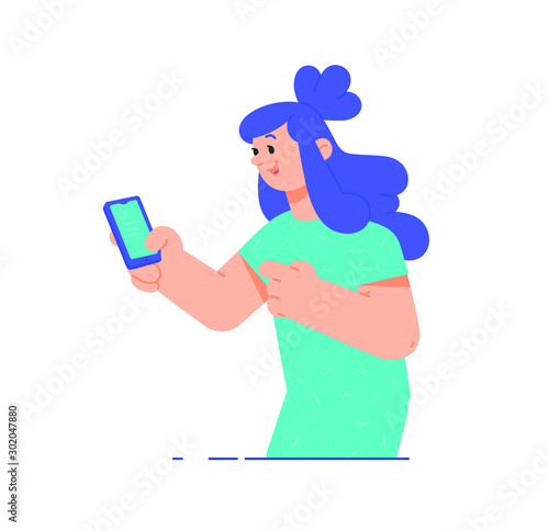 Illustrations of a girl with a phone. Vector. A woman in a birch dress is using the telephone. Chatting. Women's talk and gossip. Cute girlish look.