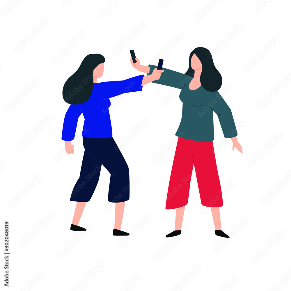 Two women shoot each other on the phone. Vector. Conflict between two ladies. Duel on smartphones. Collection of video evidence. Two videos are made by bloggers. Two women shoot each other on the phone. Vector. Conflict between two ladies. Duel on smartphones. Collection of video evidence. Two videos are made by bloggers.