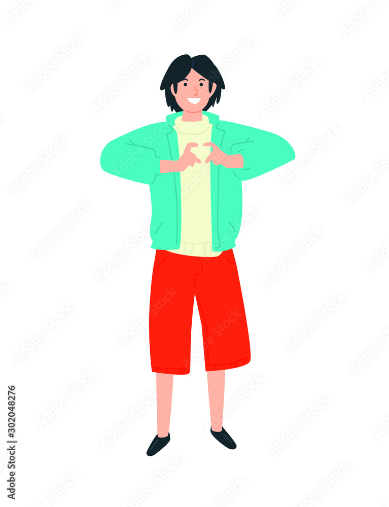 Illustration of a guy showing a heart on his fingers. Vector. A young boy experiences feelings of love for the world around him. Flat style. Image isolated on a white background. Demonstration of emot