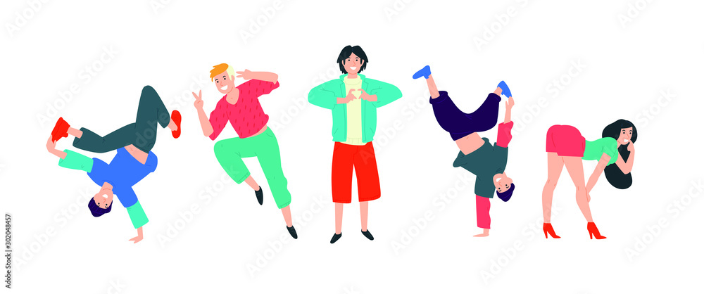 Young dancing people. Vector. Young people have fun and come off to the fullest. The girl is flirting. A young man shows a heart. Guys dance brekdans. Movement and dance is life. Young dancing people. Vector. Young people have fun and come off to the fullest. The girl is flirting. A young man shows a heart. Guys dance brekdans. Movement and dance is life.