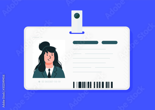 Plastic woman id cards. Vector. Car driver license isolated on a blue background. Flat cartoon style. Student, corporate pass.