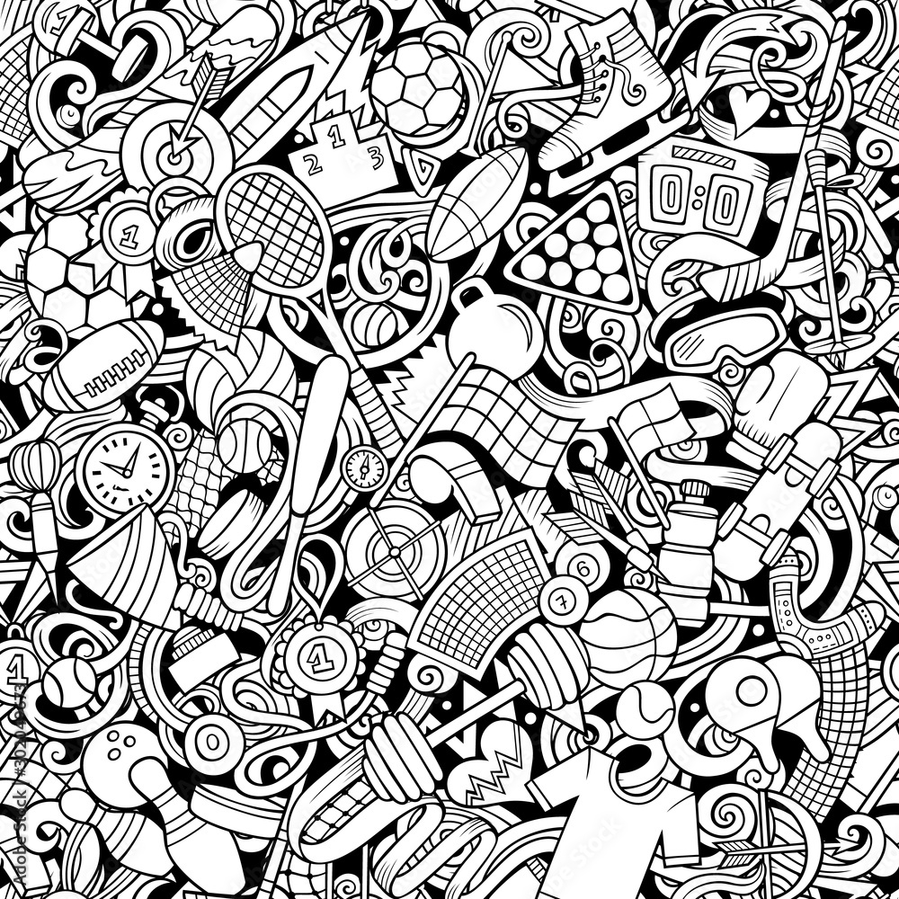 Sports hand drawn doodles seamless pattern. Line art background Sports hand drawn doodles seamless pattern. Line art background