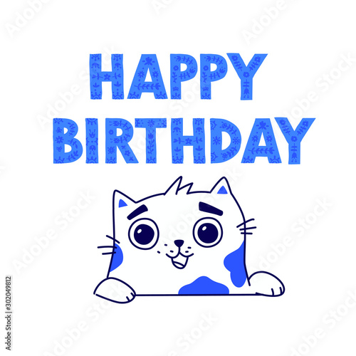 Illustration of a cute kitty. Vector. Contour cute cat wishes happy birthday. Flat kawaii style. Hero for the comic book. Mascot for the company, drawing for a t-shirt and greeting card.