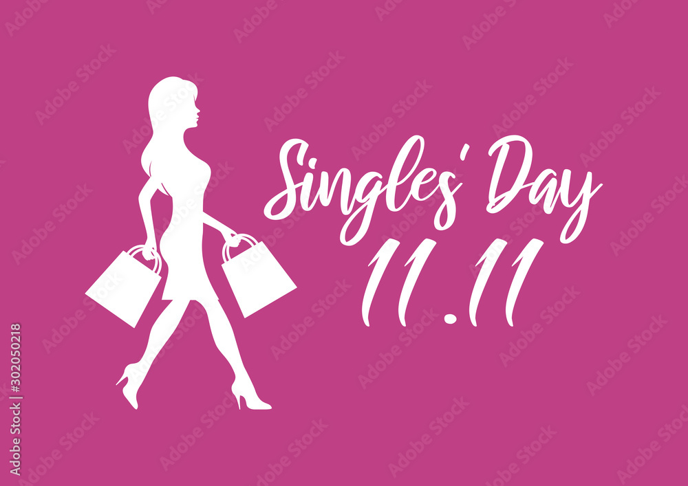 Singles' Day with silhouette shopping girl vector. Silhouette woman holding shopping bags vector. Number 11.11 vector. Shopping woman pink icon. Singles Day Poster, November 11. Shopping holiday icon Singles' Day with silhouette shopping girl vector. Silhouette woman holding shopping bags vector. Number 11.11 vector. Shopping woman pink icon. Singles Day Poster, November 11. Shopping holiday icon