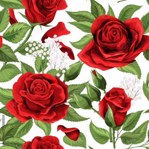 Red rose bouquets and green leaves seamless pattern. Floral elements design