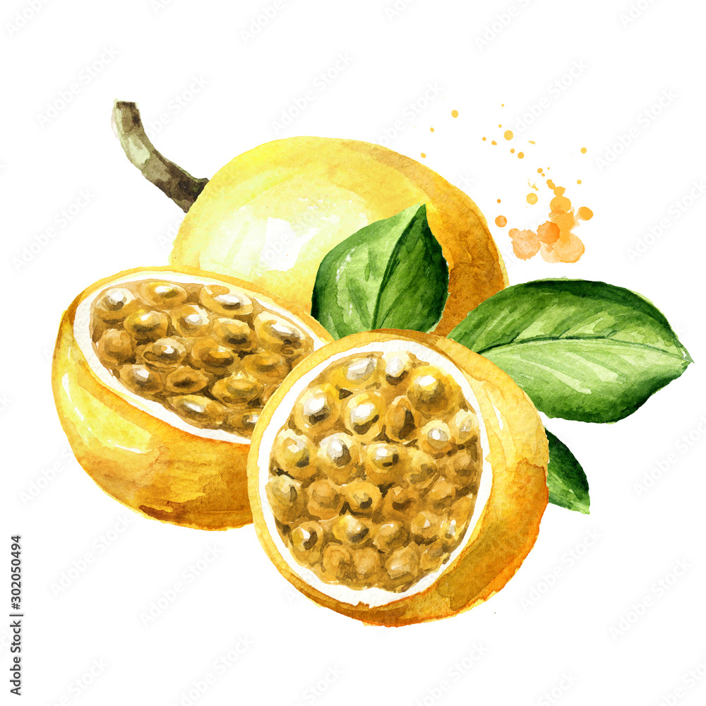 Whole And Half Yellow Passion Fruits Maracuya With Green Leaf