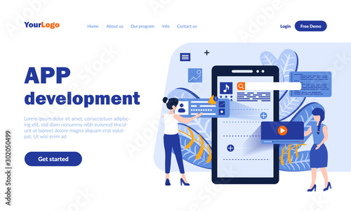 Mobile app development vector landing page template with header. Application programming web banner, homepage design with flat illustrations. Modern microcircuit system. Software concept