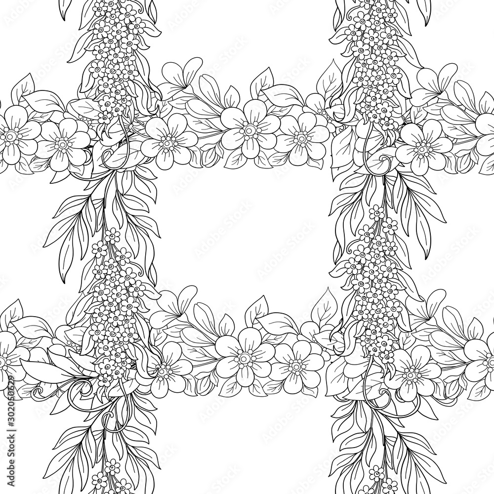 Seamless pattern, background with pink cherry blossoms, apple trees, sakura and acacia. Outline hand drawing vector illustration. Vector illustration. Seamless pattern, background with pink cherry blossoms, apple trees, sakura and acacia. Outline hand drawing vector illustration. Vector illustration.