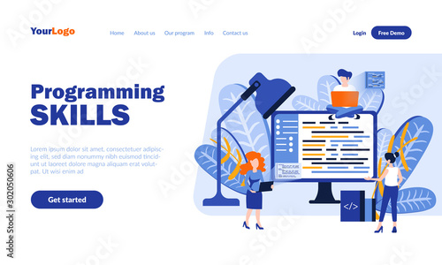Programming skills vector landing page template with header. Software development web banner, homepage design with flat illustrations. Programmers cartoon characters. Web coding concept