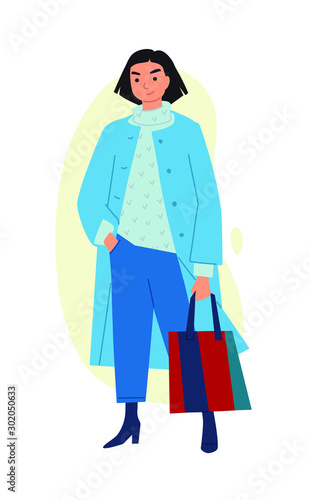 Illustration of a cute girl. Vector. Woman shopper shopper with purchases. Casual style of dress. Flat style. Image is isolated on a white background.