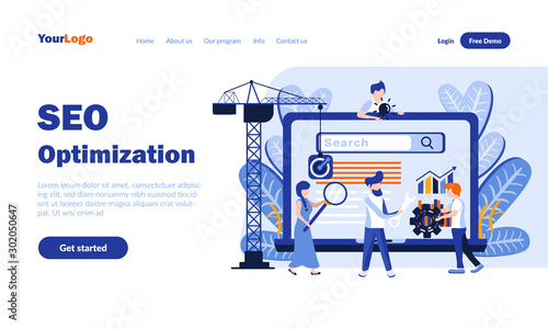 Seo optimization flat landing page template with header. Business promotion strategy building web banner, homepage design. Digital marketing vector illustration. Smm development concept