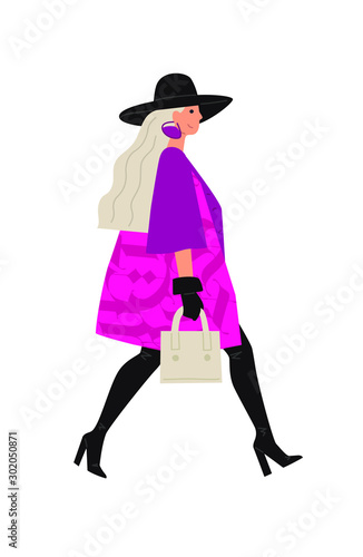 Illustration of a bright girl in a black hat. Vector. Glamorous image of a lady in pink. Flat style.
