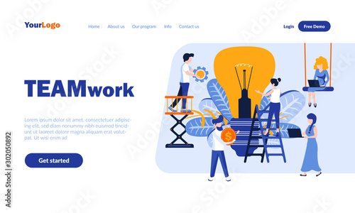 Teamwork flat landing page template with header. Staff cooperation, coworking web banner, homepage design. Business partnership vector illustration. Harmonious joint work principles concept