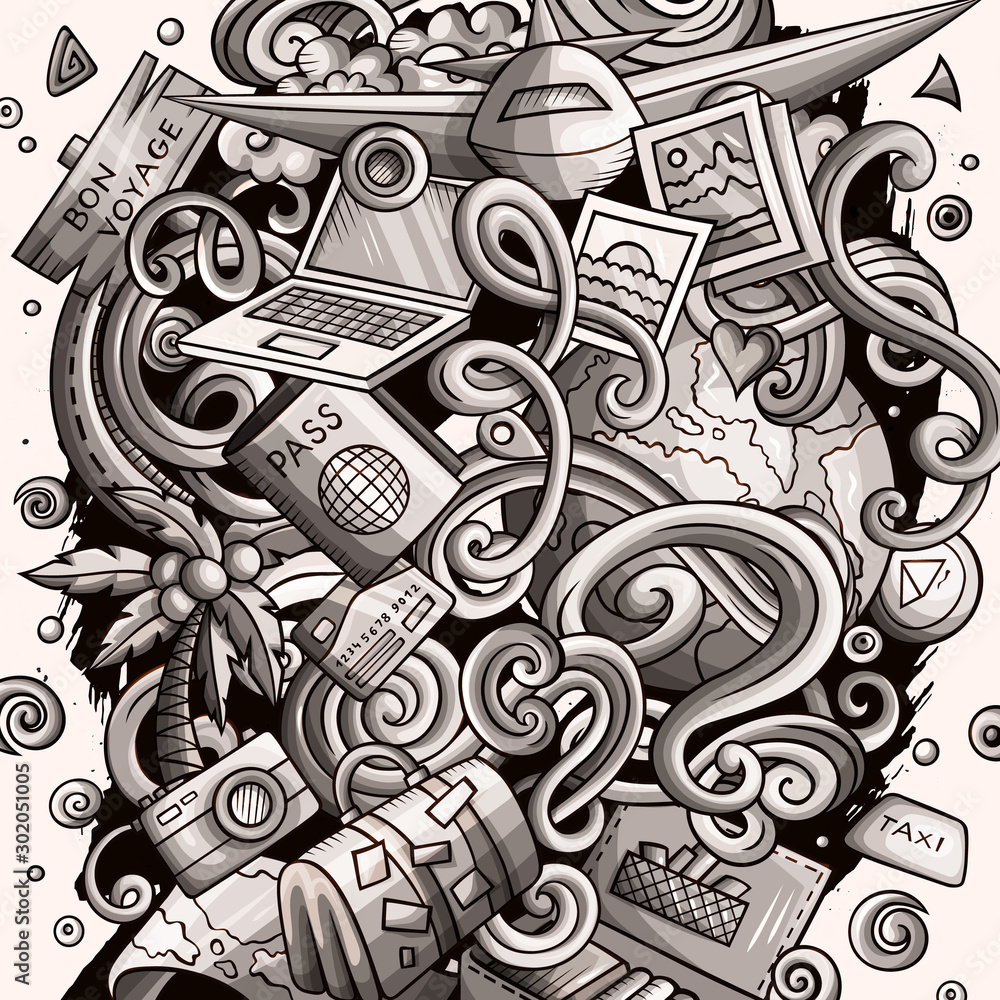 Travel hand drawn doodles illustration. Traveling poster design.