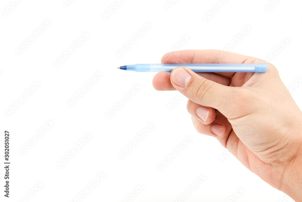 man's hand is holding a pen on a white background with copy space. man's hand is holding a pen on a white background with copy space.