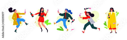 Illustration of dancing girls on Women's Day. Vector. Women celebrate the holiday, have fun and relax. Party all night long March 8th. Slightly drunken ladies, without complexes. Flat style.