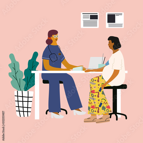 Healthy pregnancy concept. Doctor examining a pregnant woman. Obstetrican gynecologist measuring her blood pressure. Flat colorful vector illustration.