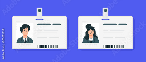 Plastic identification cards of a woman and a man. Car driver license isolated on a blue background. Flat cartoon style. Student, corporate pass. © ae