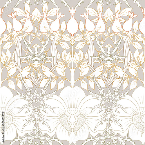 Floral Seamless pattern  background with In art nouveau style  vintage  old  retro style. Colored vector illustration..