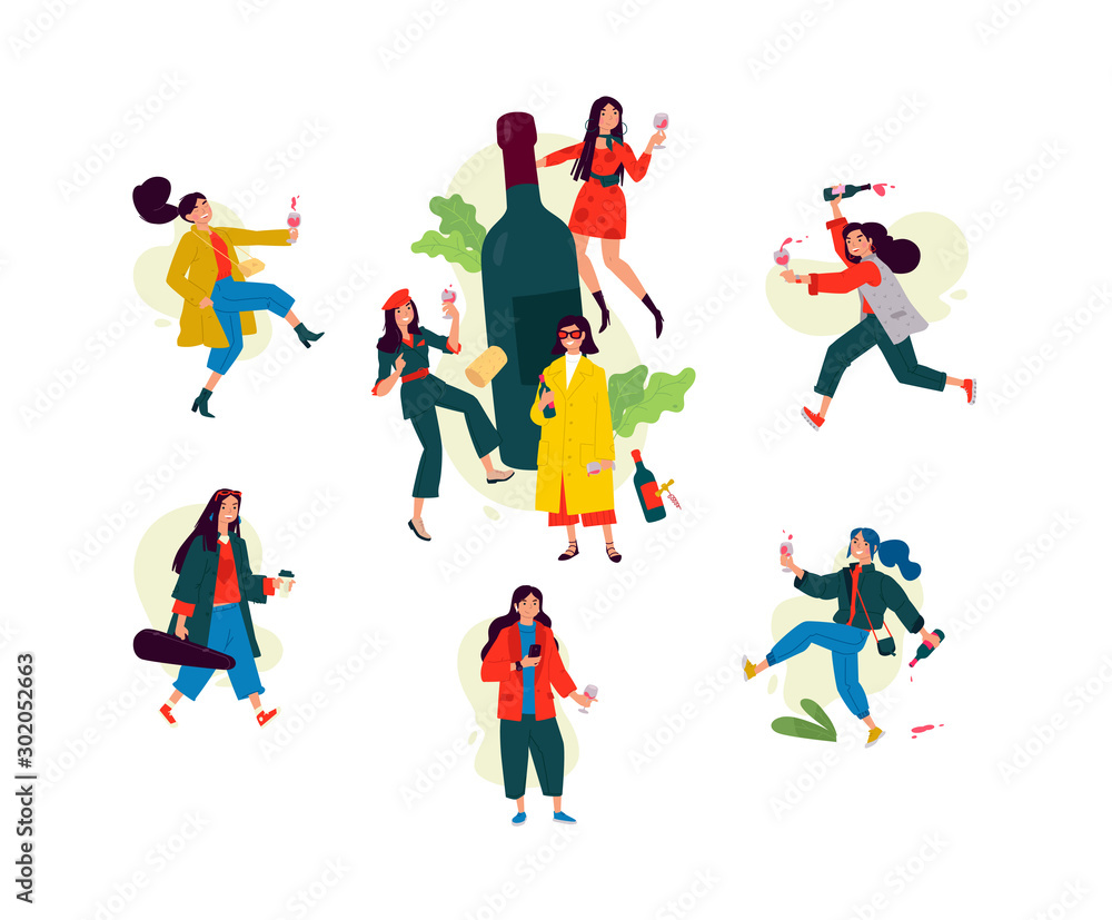 Illustration of dancing girls around a bottle of wine. Women celebrate the holiday, have fun and relax. Party all night long March 8th. Slightly drunken ladies, without complexes. Women's Day.