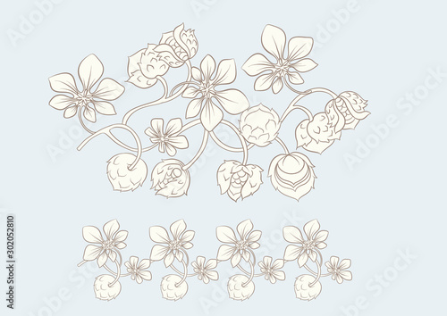 Hazelnut illustration in art nouveau style, vintage, old, retro style. In vintage blue and beige colors. Vector illustration