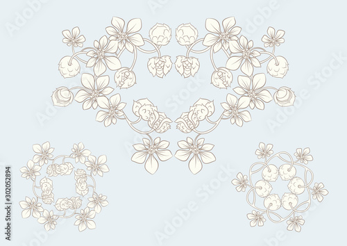 Hazelnut illustration in art nouveau style, vintage, old, retro style. In vintage blue and beige colors. Vector illustration