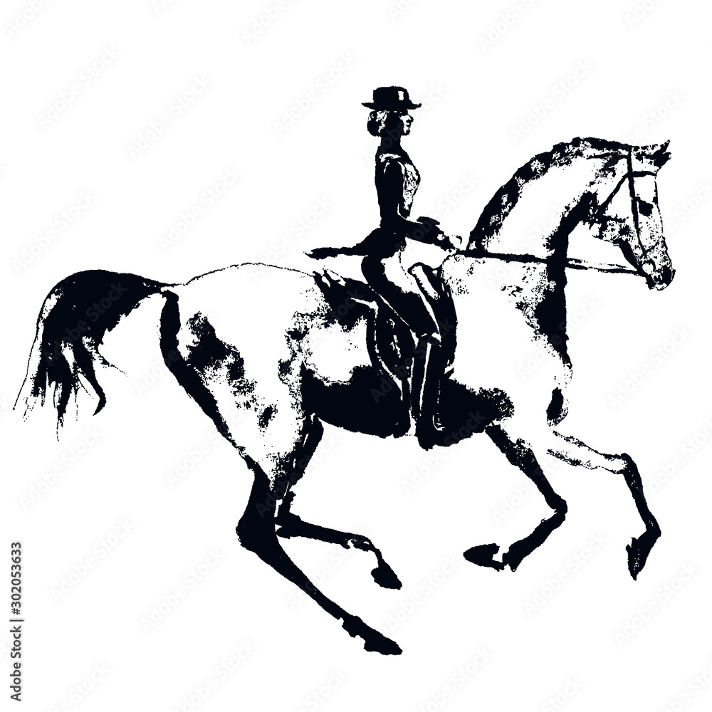 Hand drawing horse rider like engraving. Horseman silhouette with dressage galloping horse on white. Black on white background. Equestrian sport antique vintage grunge texture print vector style.