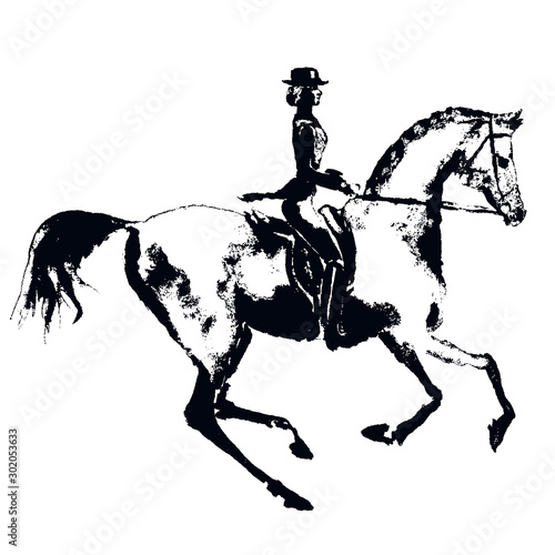 Hand drawing horse rider like engraving. Horseman silhouette with dressage galloping horse on white. Black on white background. Equestrian sport antique vintage grunge texture print vector style.