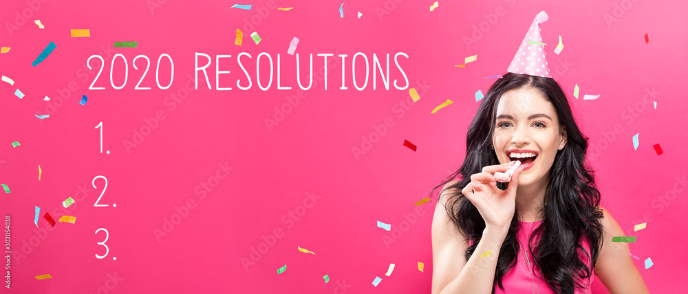 2020 Resolutions with young woman with party theme on a pink background