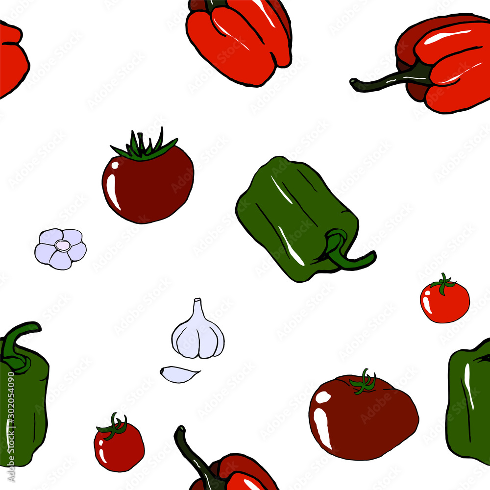 Food vector illustration. Vegetables. Vegan. For print, design, back surface, textile, tablecloth, kitchen, packaging, web. Colored hand drawn vector illustration.