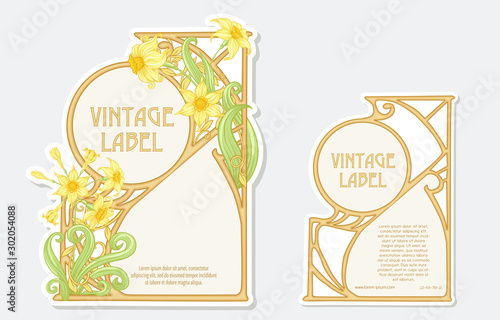 Narcissus. Set of 2 labels, decorative frames, borders. Good for product label with place for text Colored vector illustration. In art nouveau style, vintage, old, retro. Isolated on white background.