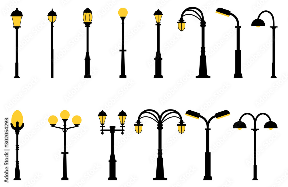 Set of street lights black silhouette isolated on white background