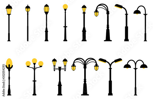 Set of street lights black silhouette isolated on white background. Collection of modern and vintage street lights. Elements for landscape construction. Vector illustration for any design. photo