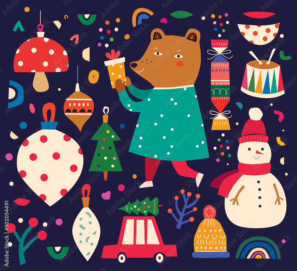 Fototapeta premium Christmas decorative illustration in vintage style with funny bear and snowman