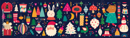 Christmas decorative banner with incredible characters in vintage style