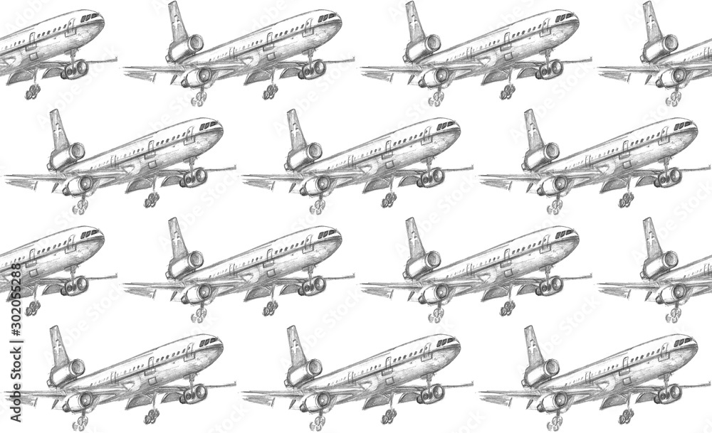 Seamless pattern with pencil drawn airplanes. Backgrounds and textures for boys, travel, business design, packaging, fabric, textiles, prints