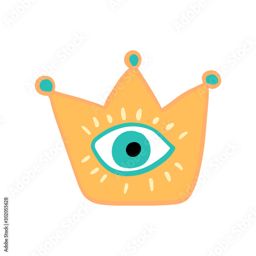 Eye in crown hand drawn vector illustration in cartoon comic style yellow blue