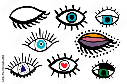Big eyes set different forms hand drawn vector illustrations in cartoon comic style