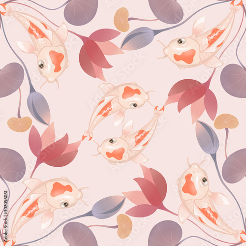 Seamless pattern water lilies and koi fish on pink background 