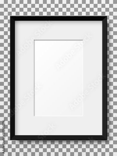 Realistic black vertical picture frame isolated on transparent background.