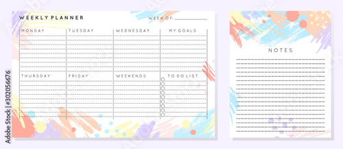 Vector weekly planner template with hand drawn shapes and textures in pastel colors.Organizer and schedule with place for notes,goals and to do list.Trendy minimalistic style.Abstract modern design.