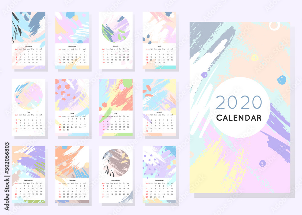 Calendar 2020 with hand drawn shapes and textures in soft pastel colors. Vector editable template in trendy minimalistic style.Abstract modern design. Calendar 2020 with hand drawn shapes and textures in soft pastel colors. Vector editable template in trendy minimalistic style.Abstract modern design.