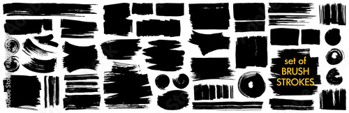 Collection of different ink brush strokes:rectangle,square and round freehand drawings.Ink splatters,grungy painted lines,artistic design elements.Vector paintbrush set.