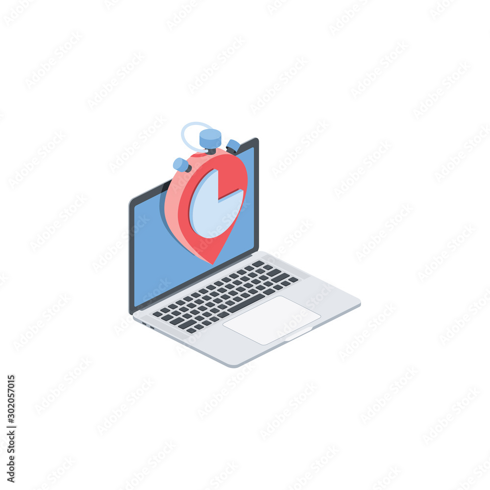 Laptop Map label time stopwatch. Vector 3d isometric, color web icon, new flat style. Creative illustration design, idea for infographics. Laptop Map label time stopwatch. Vector 3d isometric, color web icon, new flat style. Creative illustration design, idea for infographics.