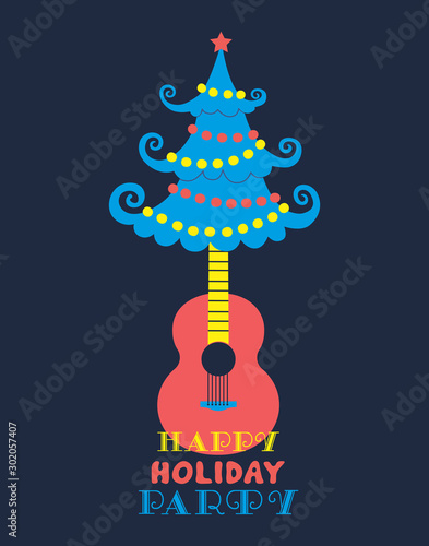 Happy holiday party christmas tree flat color vector