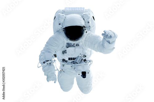 Fototapeta Naklejka Na Ścianę i Meble -  Astronaut in a spacesuit waving his hand. Isolated on a white background. Elements of this image were furnished by NASA.