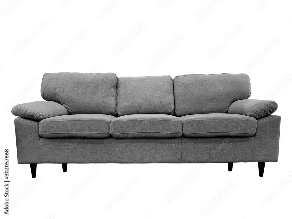 Front view of a fabric modern grey sofa isolated on a white background. Front view of a fabric modern grey sofa isolated on a white background.