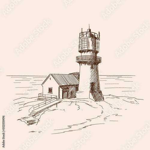 The lighthouse shines on the stone shore. Vector sketch.