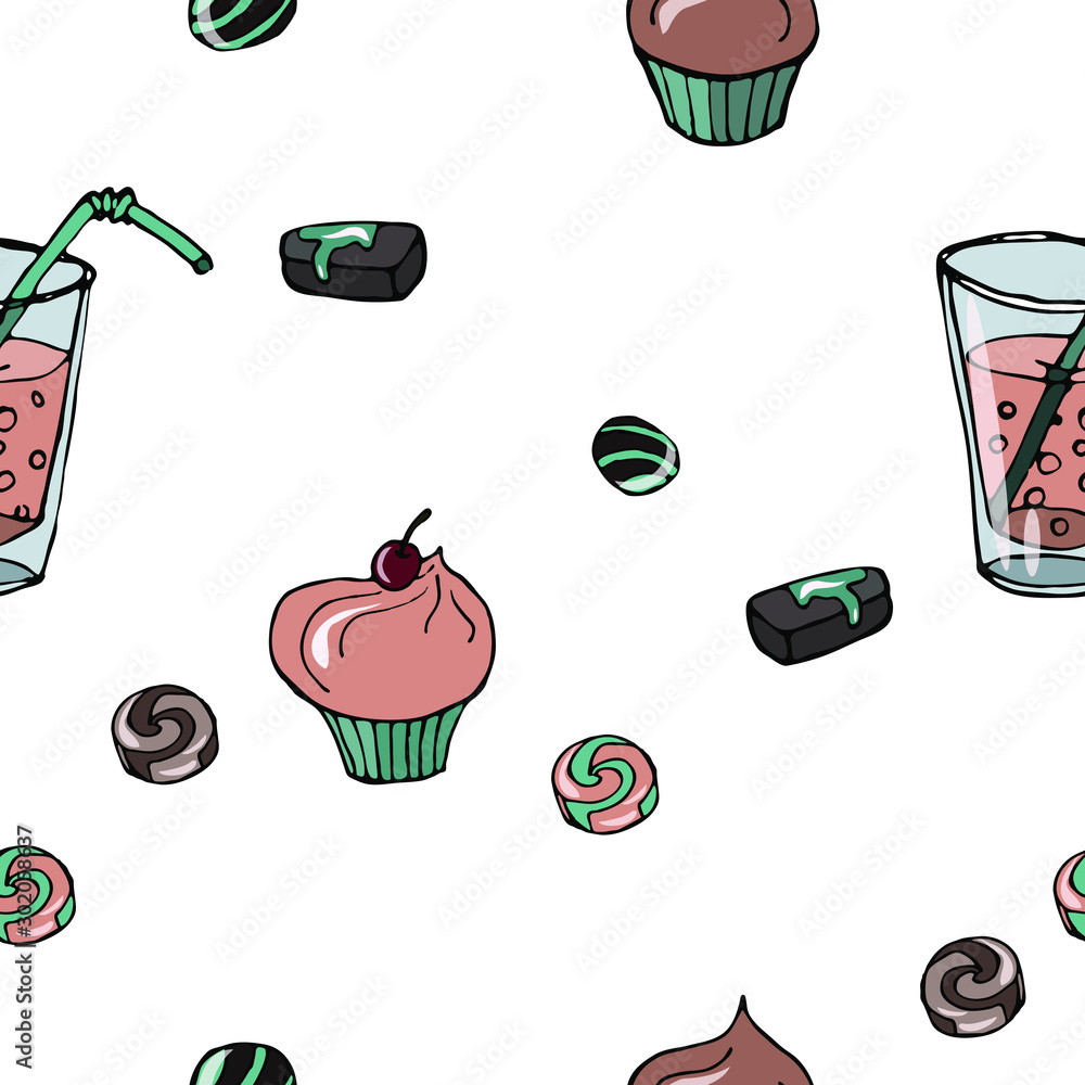 Food vector illustration. Sweets, dessert, muffins, pastries. For print, design, back surface, textile, packaging, canvas. Colored hand drawn vector illustration. Seamless color patterns.