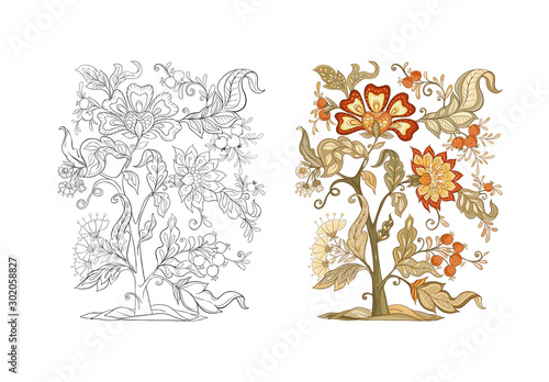 Floral decorative elements in jacobean embroidery style, fantasy floral pattern, vintage, old, retro style. Isolated on white background. Colored and outline design. Vector illustration.